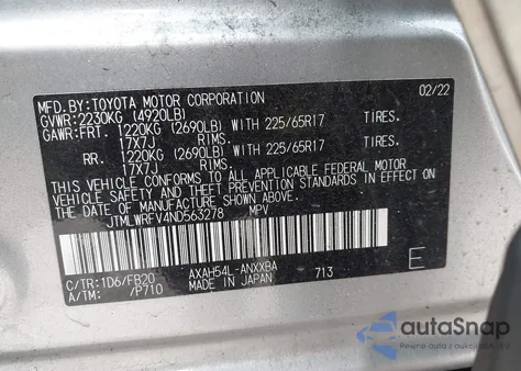 2022 Toyota Rav4 Hybrid Le из США, поврежденный, VIN JTMLWRFV4ND563278